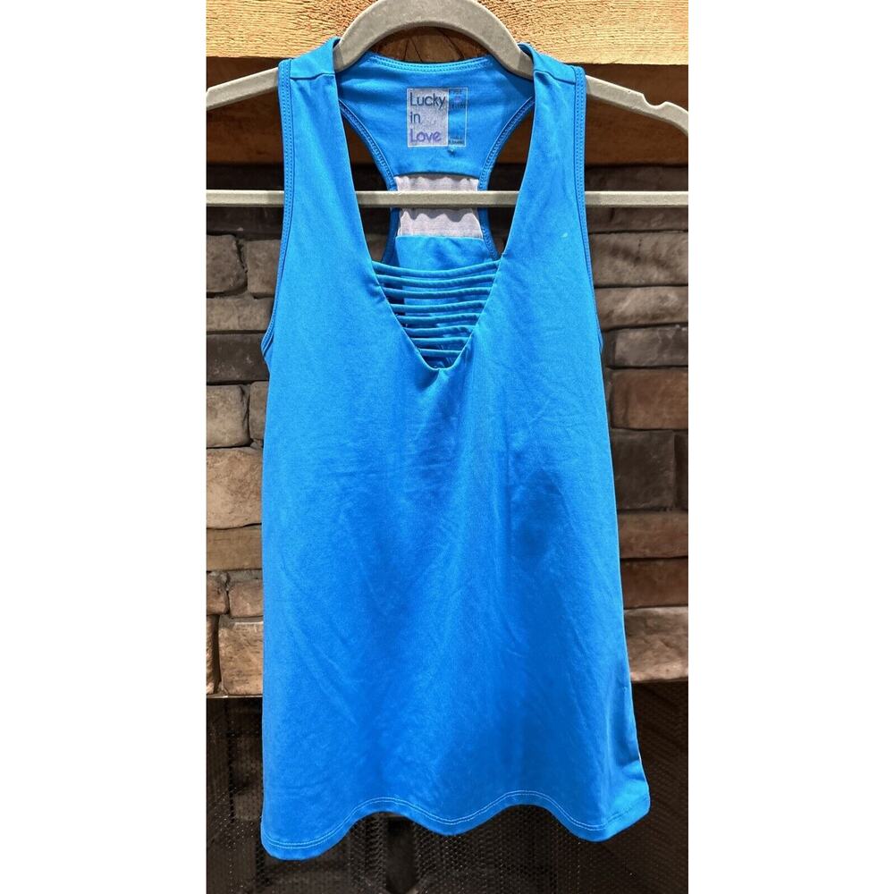 Women’s LUCKY IN LOVE Teal Tennis Pickle ball Shirt Sz M 8-10 *B6